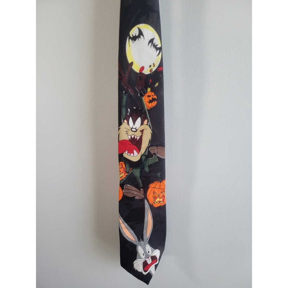 Vtg Looney Tunes Mania Halloween Tie Bugs Bunny Tasmanian Devil Pumpkins 1995 - Picture 2 of 6